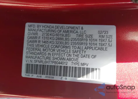 2023 Honda Odyssey Sport z USA, uszkodzony, nr VIN 5FNRL6H77PB044012